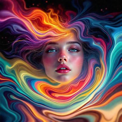 The primary subject of the image is a woman with long hair, who is the main focus of the scene. She is surrounded by a vibrant and colorful background, which includes a mix of blue, orange, and purple hues. The visual style of the image is a combination of digital art and illustration, creating a unique and eye-catching representation of the woman. The overall atmosphere of the image is lively and energetic, with the woman's presence and the vivid colors creating a sense of movement and